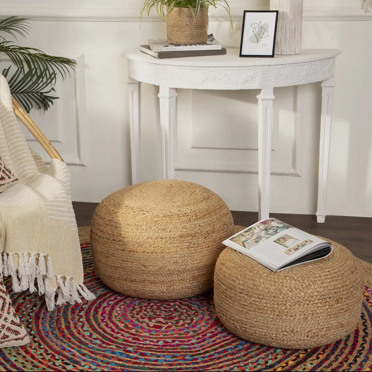 Round 100% Jute Pouf- Set of 2