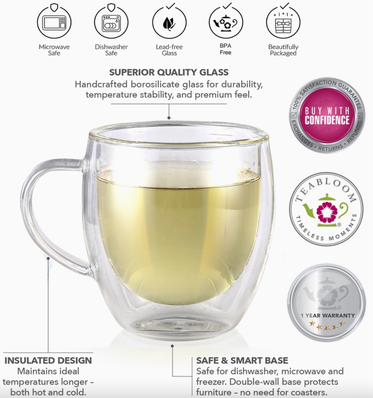 Teabloom Clarity® Double Wall Glass Tea Cups- Set of 48