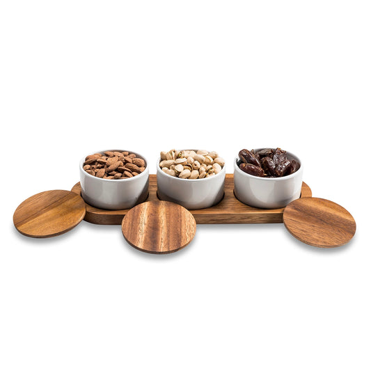 Ceramic Snack Set On Acacia Wood Base