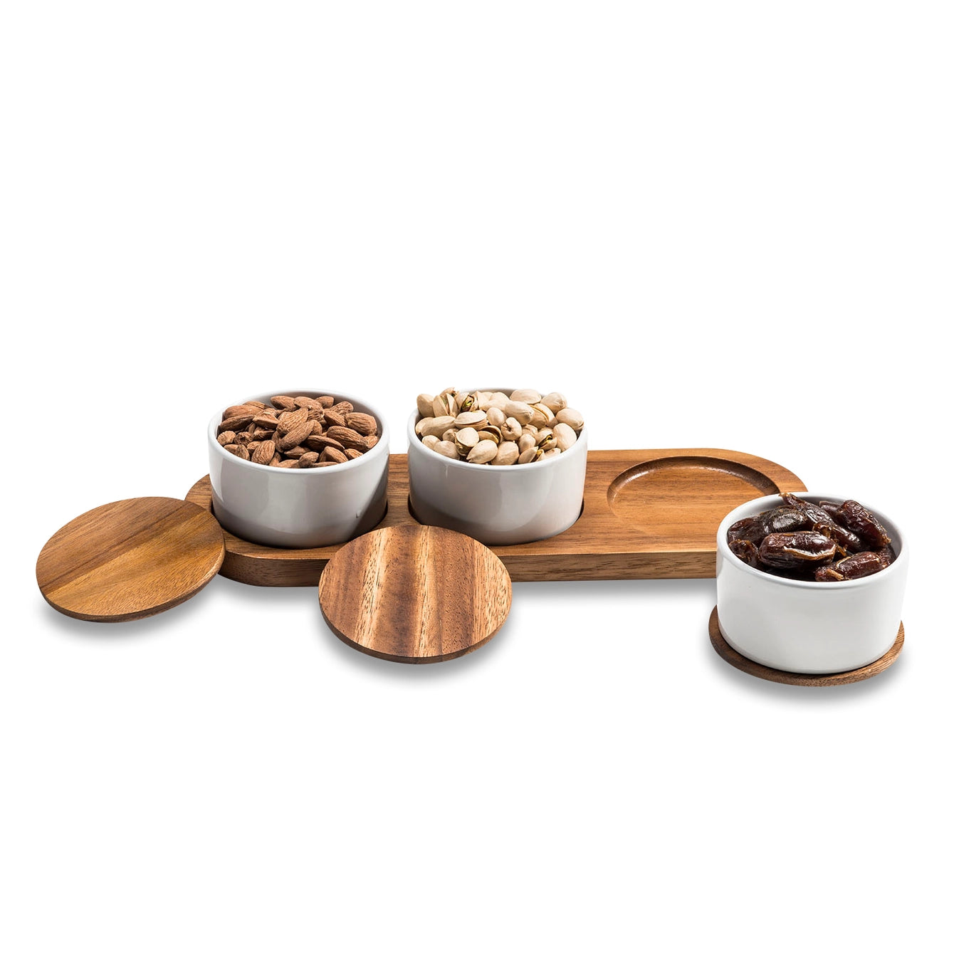 Ceramic Snack Set On Acacia Wood Base